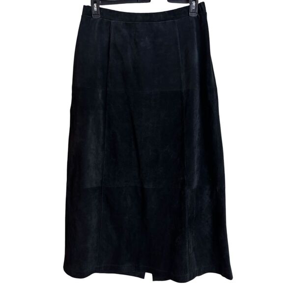 Dialogue Black Suede Leather Maxi Skirt Size 16 Back Slit Portion Elastic Waist - Picture 1 of 8
